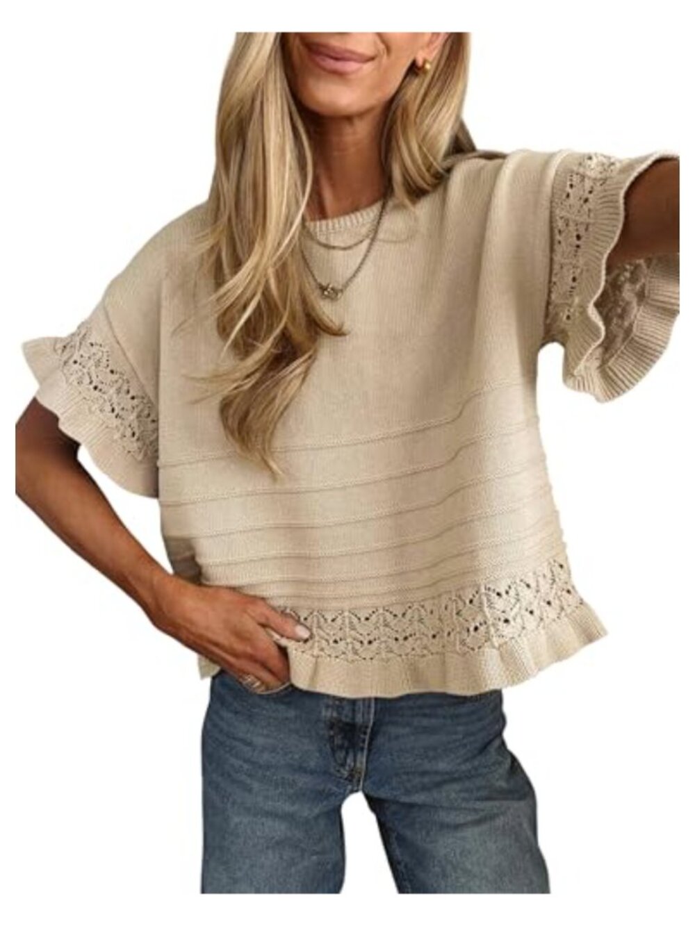 Womens Short Sleeve Ruffle Hem Knit Crochet Pullover Sweater Blouse Top